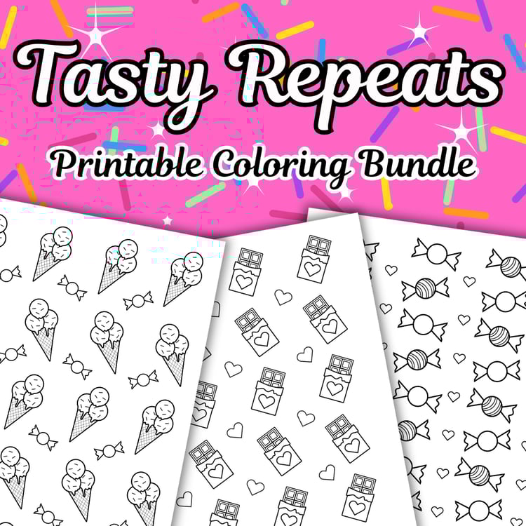 Tasty Repeats printable coloring bundle cover featuring 3 sweets pattern pages: ice cream, candy, and chocolate, high-quality digital download.