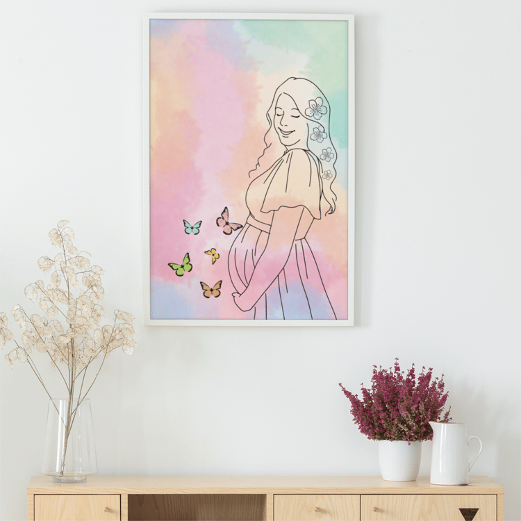 Soft pastel pregnant woman illustration wall art printable for maternity and nursery decor