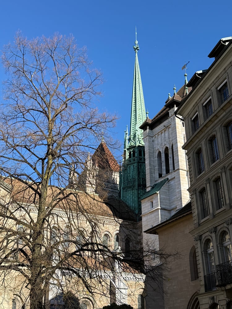 Towers of Saint-Pierre Cathedral in Geneva Old Town, Switzerland