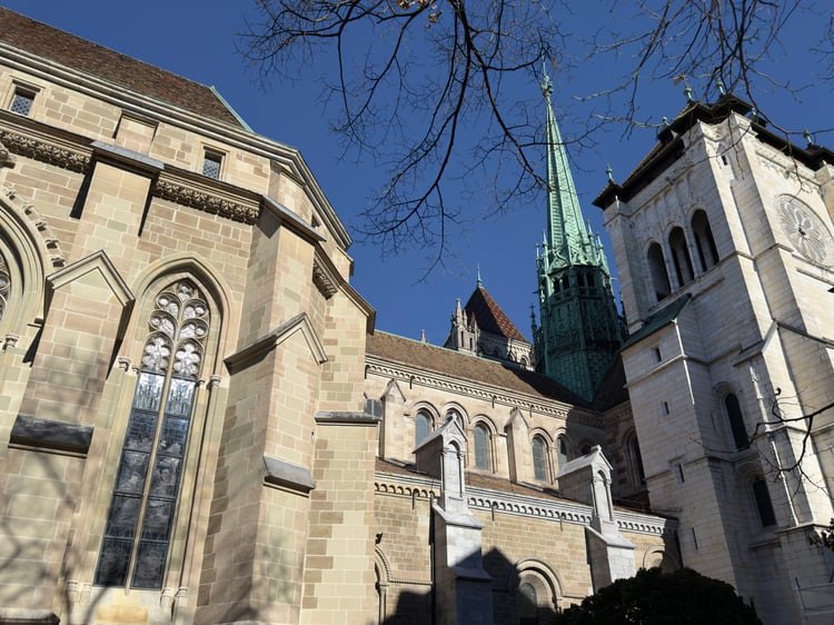 The towers of Saint-Pierre Cathedral in Geneva Old Town, Switzerland