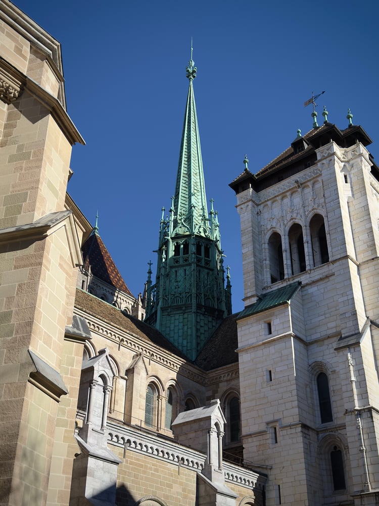 The towers of Saint-Pierre Cathedral in Geneva Old Town, Switzerland
