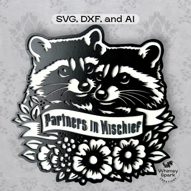 Raccoon couple silhouette svg artwork designed for laser cutting and cnc projects
