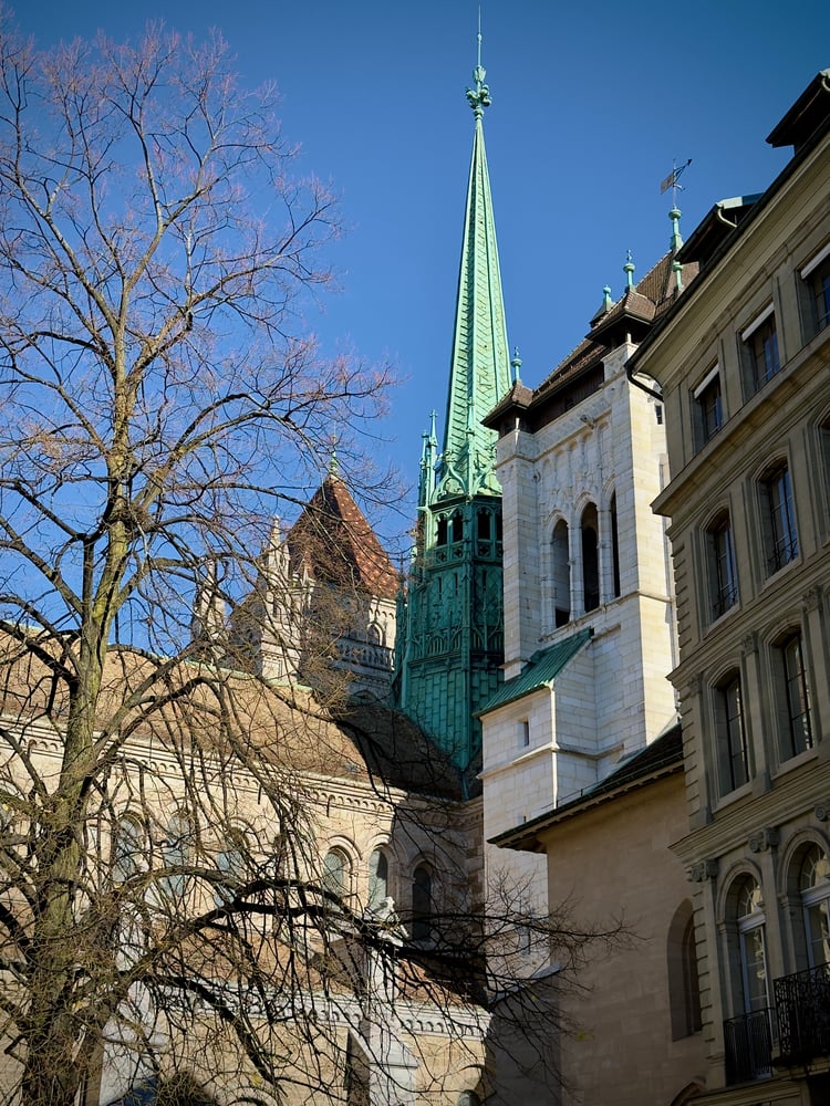 The towers of Saint-Pierre Cathedral in Geneva Old Town, Switzerland