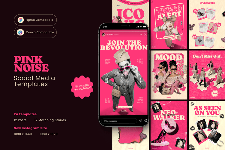 Pink Noise social media kit cover showing Canva and Figma compatibility, 24 templates, and included images.