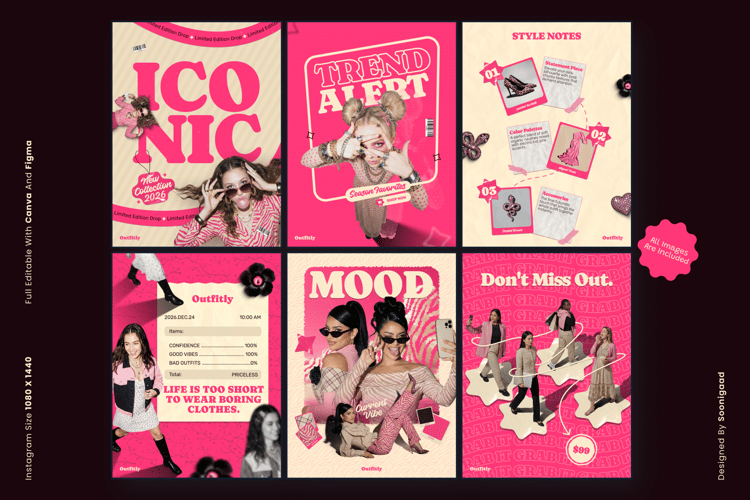 Grid of 6 fashion Instagram templates with bold typography, Y2K graphics, and streetwear aesthetics.