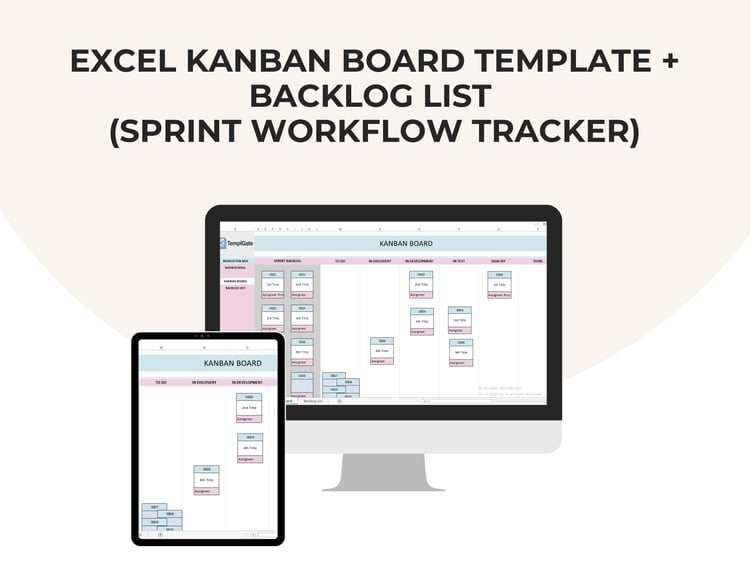Excel Kanban board template showing workflow columns (Sprint Backlog, To Do, In Discovery, In Development, In Test, Sign Off, Done) with task cards and assignees.
