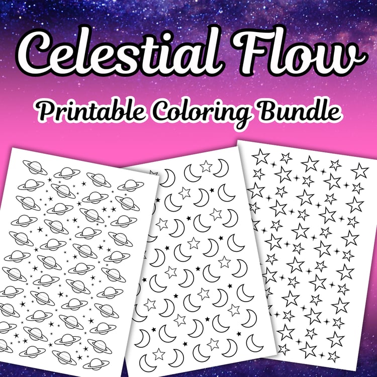 Cover image of Celestial Flow Printable Coloring Bundle – Featuring 3 hand-illustrated celestial pattern pages with stars, moons, and planets.