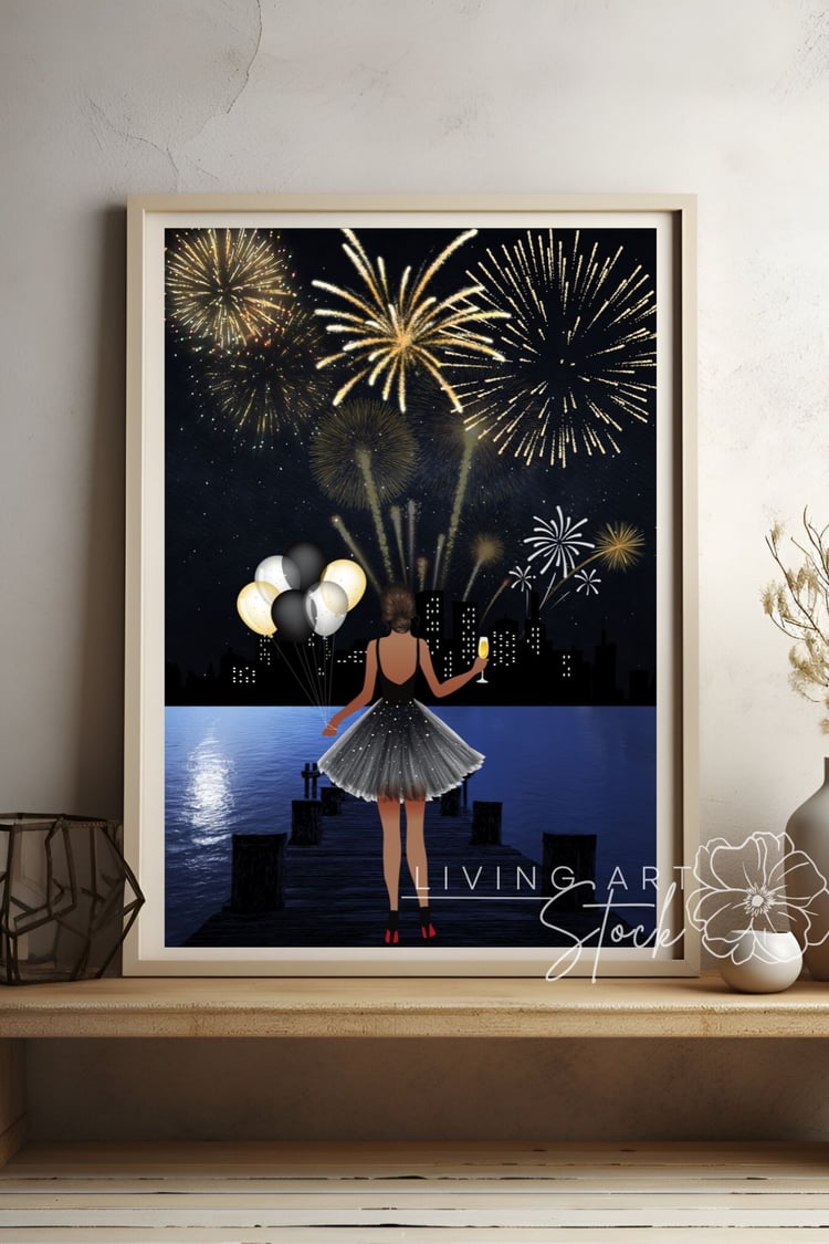 New Year Eve Flat Illustration Printable Wall Art with Glitter Fireworks
