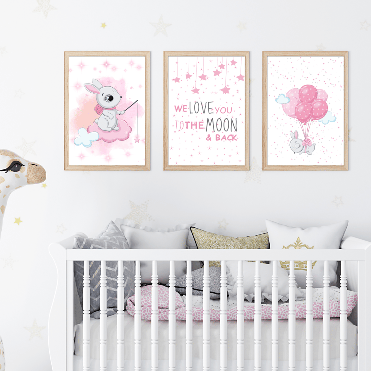 Baby girl nursery wall art set with bunny moon stars and pink pastel nursery decor prints