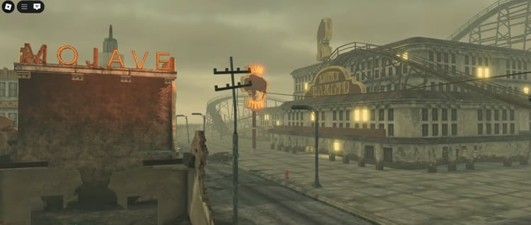 cinematic desert wasteland scene with ruined structures