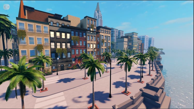 modern roblox city with skyscrapers, coastal roads, and plaza
