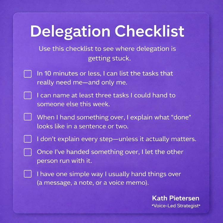 Delegation checklist by Kath Pietersen, Voice-Led Strategist, designed to help business owners quickly see where delegation is getting stuck using a simple one-page checklist.