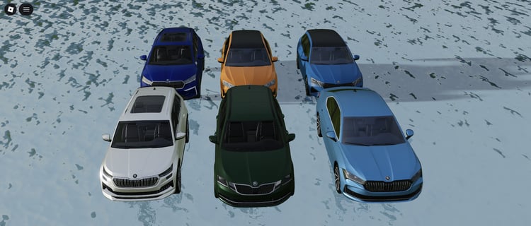skoda vehicles lineup in a roblox city environment
