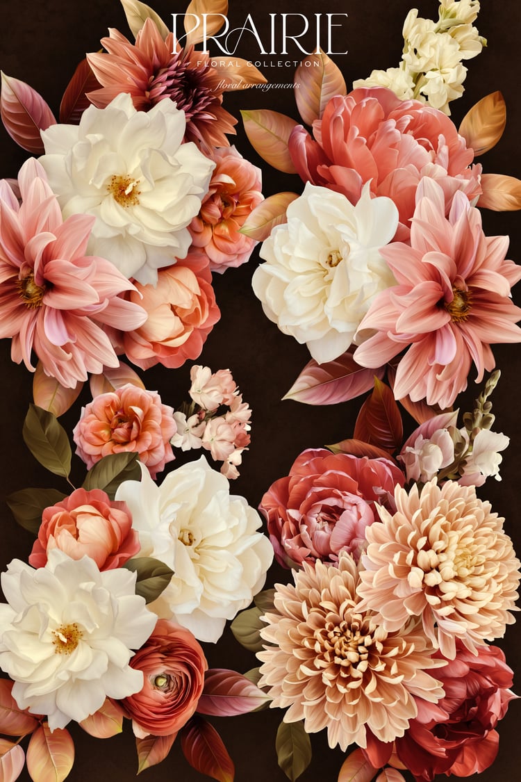 Pink peach and white flower graphics with the words Prairie Floral Collection