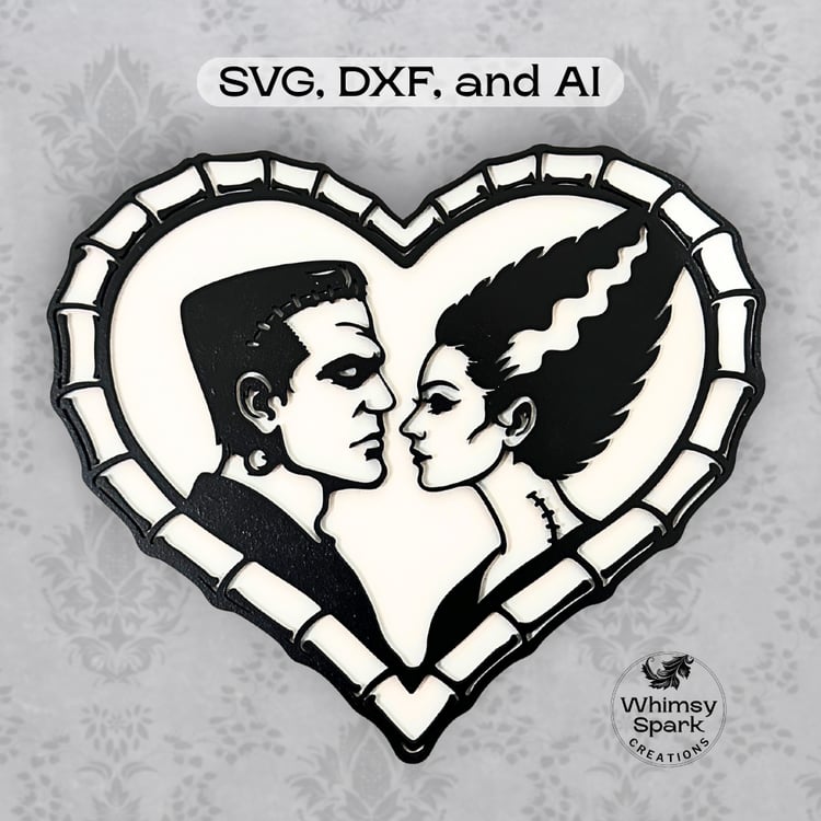 Gothic Frankenstein couple facing each other inside a heart frame, dark romance horror style laser cut SVG design for Valentine decor.