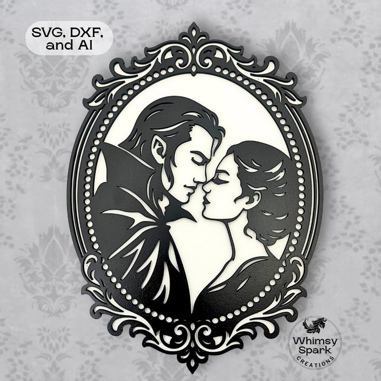 Gothic vampire couple kissing in a Victorian cameo frame, dark romance laser cut SVG for Valentine, wedding, and anniversary decor.