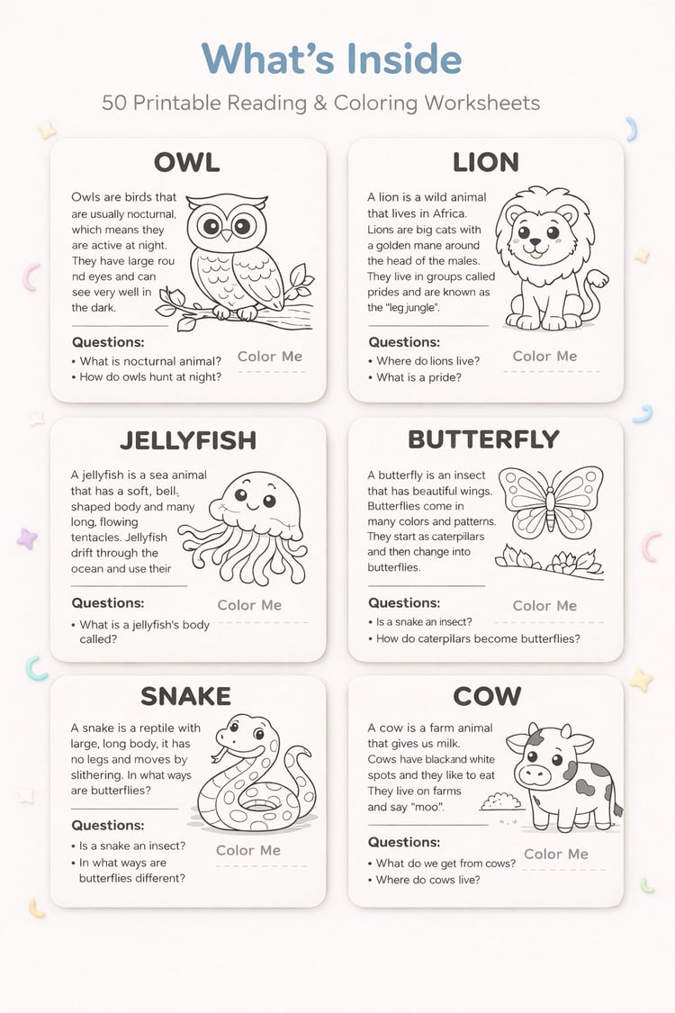 Animal Adventures – Fun Reading & Coloring Worksheets for Kids (50 Printable Pages)