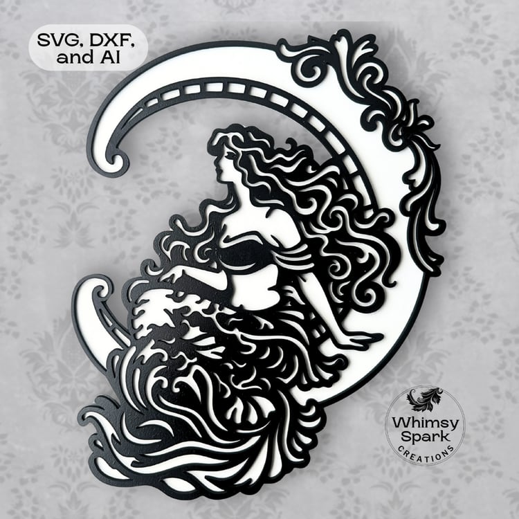 Art Nouveau style mermaid sitting on a crescent moon, layered laser cut SVG design for wall decor.