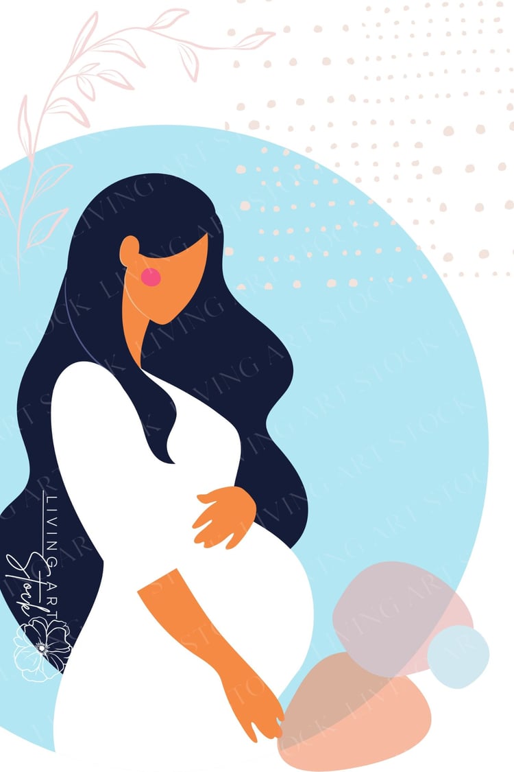 This artistic, flat-design illustration features a minimalist silhouette of a pregnant woman cradling her baby bump. Set against a soft blue circular backdrop, the woman has long, flowing dark hair and wears a simple white dress. The composition is accent
