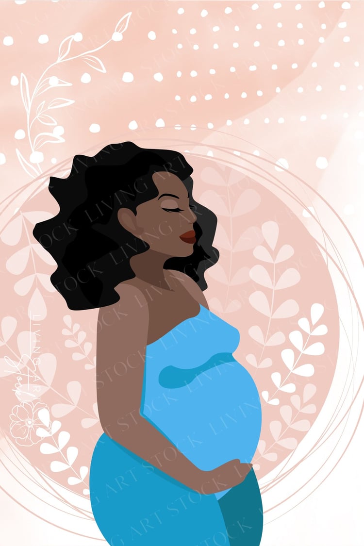 This elegant, boho-style flat illustration depicts a pregnant Black woman with voluminous curly hair, peacefully cradling her belly. She is dressed in a vibrant blue gown that stands out against a soft, blush pink background filled with artistic textures.