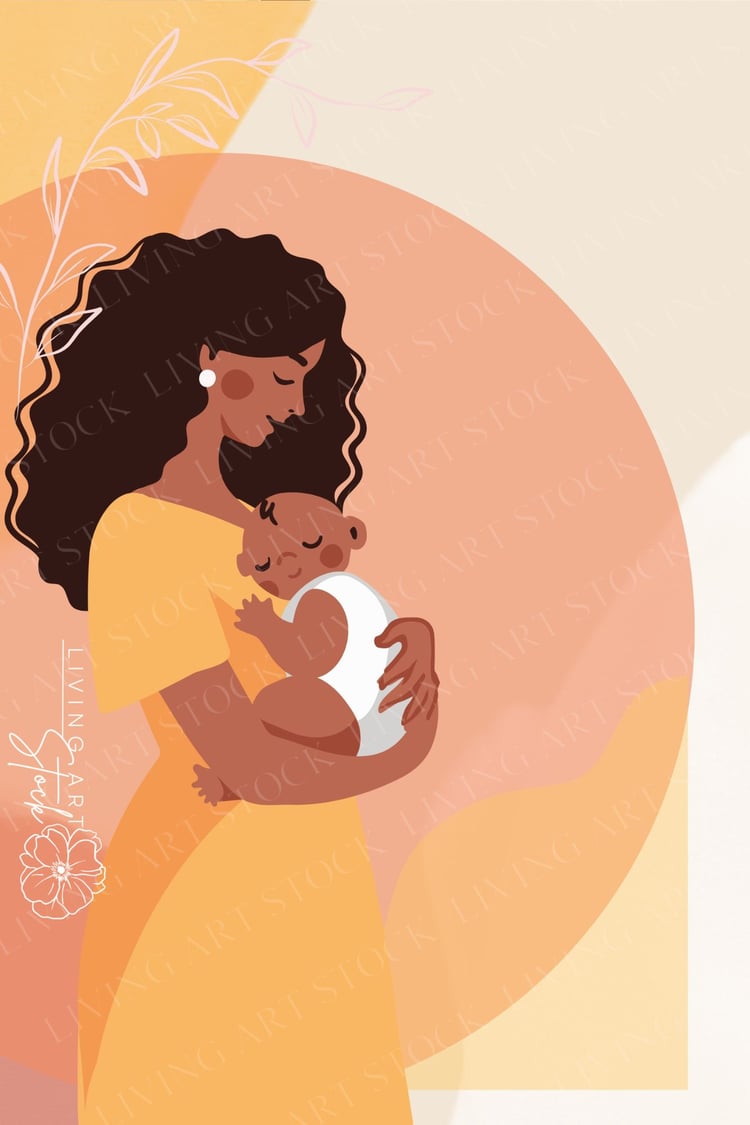 This warm and tender flat-design illustration portrays a Black mother with long, wavy dark hair lovingly cradling her sleeping newborn. The mother wears a simple yellow dress, and the baby is wrapped in a white onesie, symbolizing comfort and the maternal