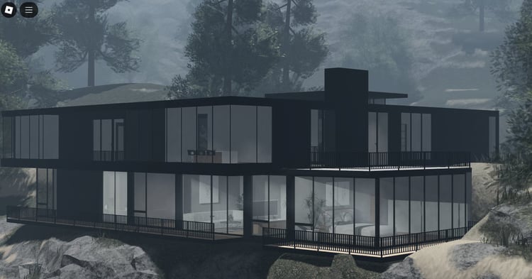 Luxury Roblox mansion exterior set in a mountainous environment