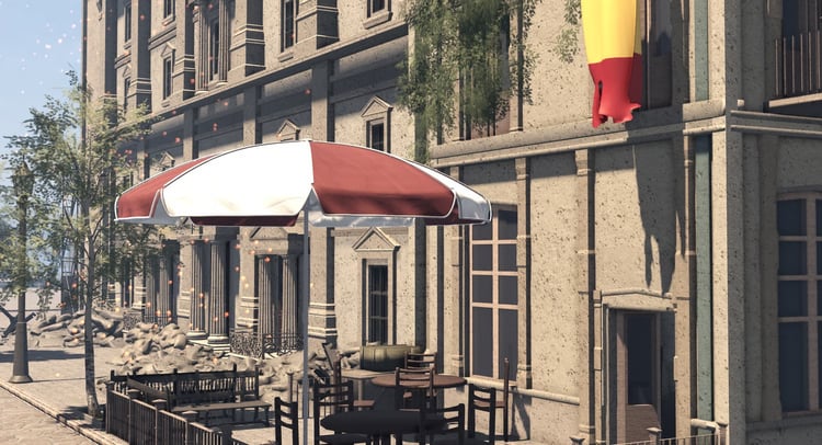 European-style city architecture featured in a Roblox war-torn map