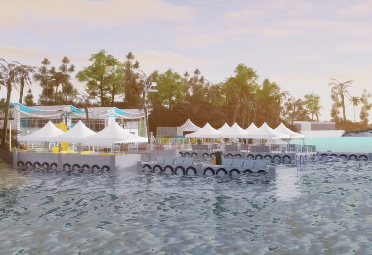 Tropical sea terminal exterior with boarding docks in Roblox