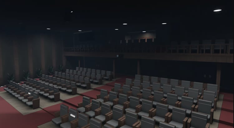 Bright lobby area with natural light in a Roblox community center