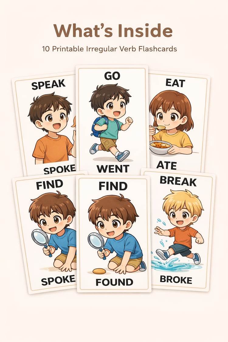 Irregular Verbs Made Easy – Anime Flashcards for Kids (Ages 6–8)