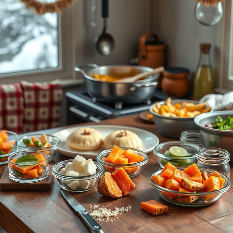 choped food items on a dark wood counter with a pan cooking food in the background.