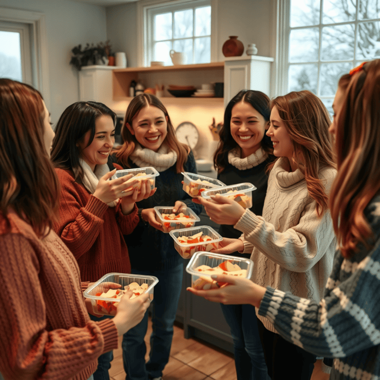 a group of women smiling while they swap meals they have prepared with each other, they are wearing wintery clothing such as wool jumpers and snoods.