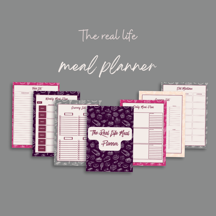 A mockup of a meal planner with purple, grey, beige and pink borders with cute food items. contains the name of the planner'the real life meal planner' with a medium grey background