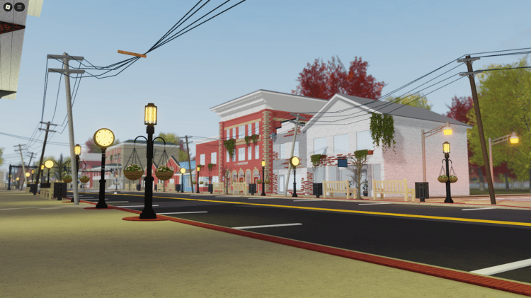 Small-town downtown area with American businesses