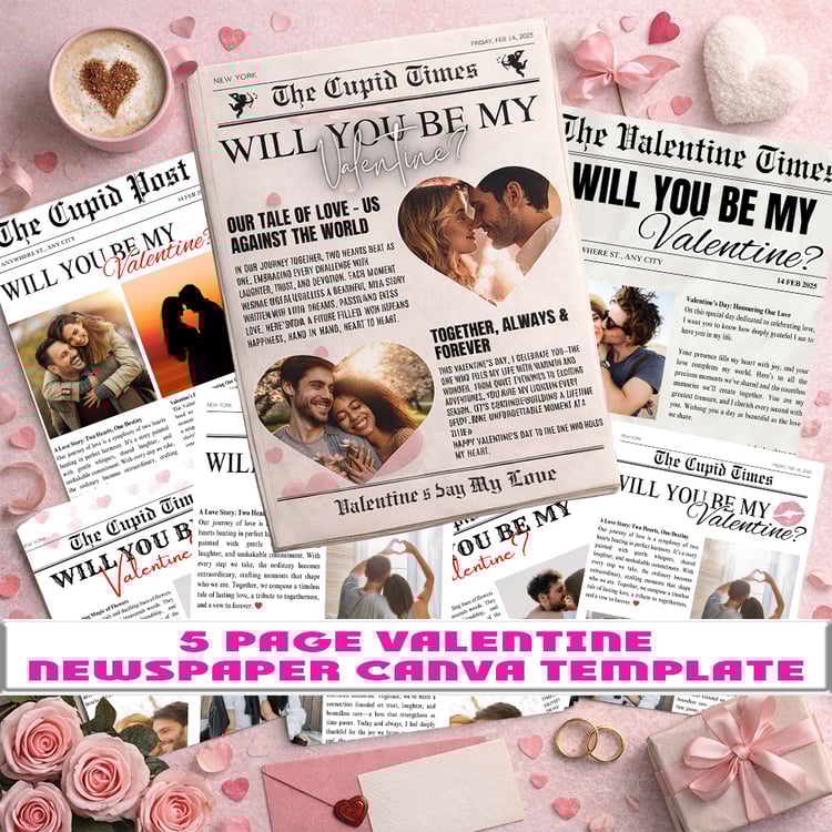 valentine newspaper, canva newspaper template, valentine canva template, love newspaper template, editable valentine newspaper, valentine gift printable, couples newspaper, anniversary newspaper, valentine keepsake
