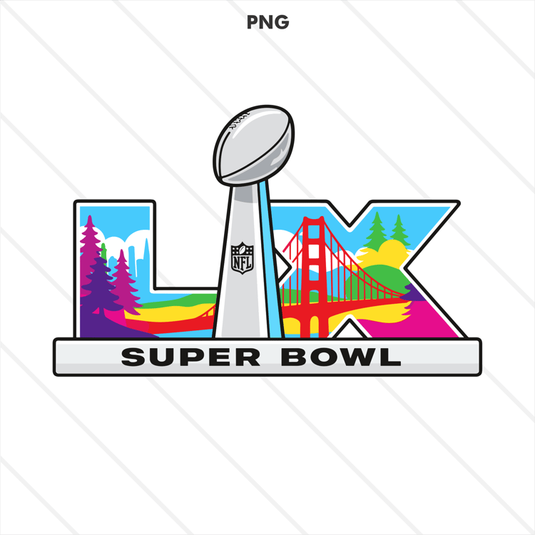 Colorful NFL Super Bowl 2026 LX logo featuring a modern silver championship trophy at the center, surrounded by scenic landscape elements and bold lettering, isolated on a white background.