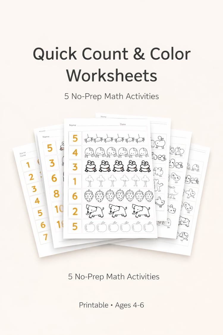Quick Count & Color Worksheets - 5 No-Prep Math Activities for Ages 4–6