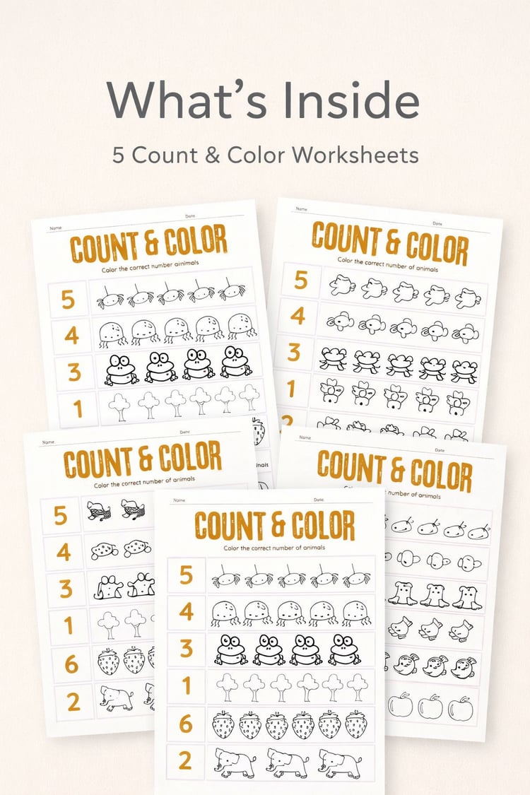Quick Count & Color Worksheets - 5 No-Prep Math Activities for Ages 4–6