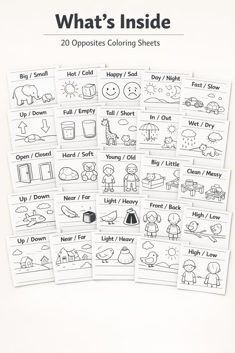 Opposites Made Easy! 20 Printable Coloring Worksheets for Ages 3–6
