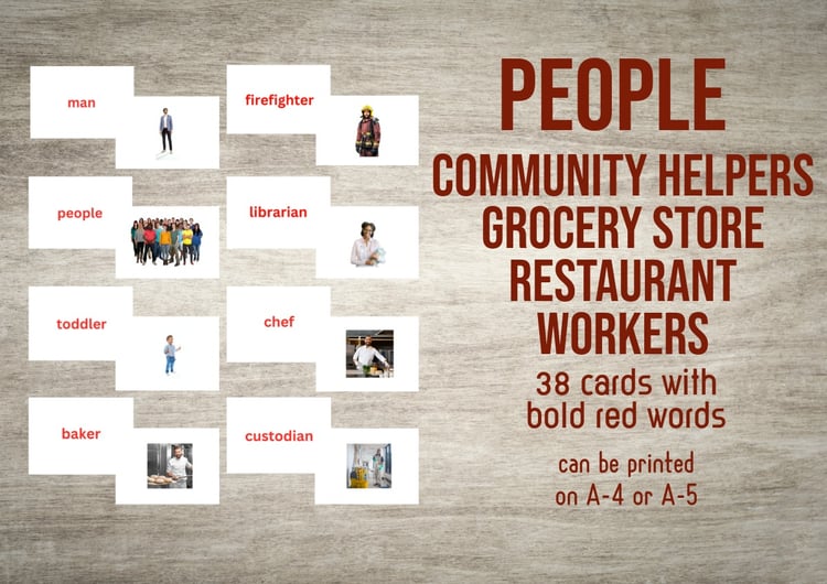 May include: A set of flashcards with English words and images, including "Man," "Librarian," and "Fireman." The cards are on a wooden background, with the word "PEOPLE" in large red letters. The text says "38 cards with bold red words."