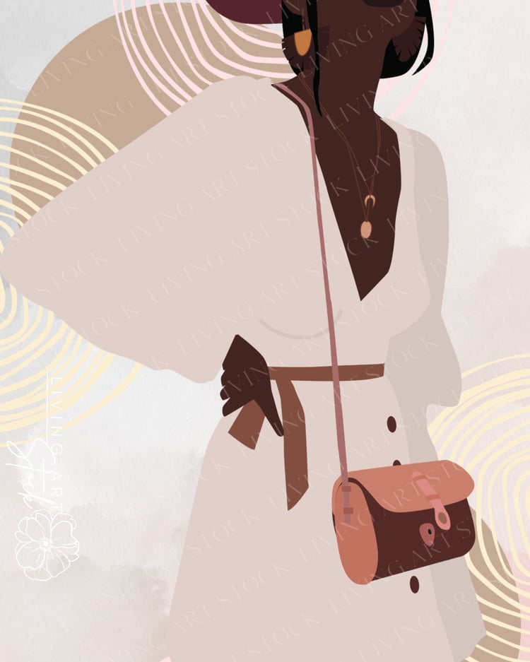 A stylish digital illustration of a Black woman from a mid-length perspective, emphasizing modern summer fashion. She is wearing a cream-colored, V-neck button-down dress with a brown waist tie and a matching terracotta crossbody leather purse. The charac
