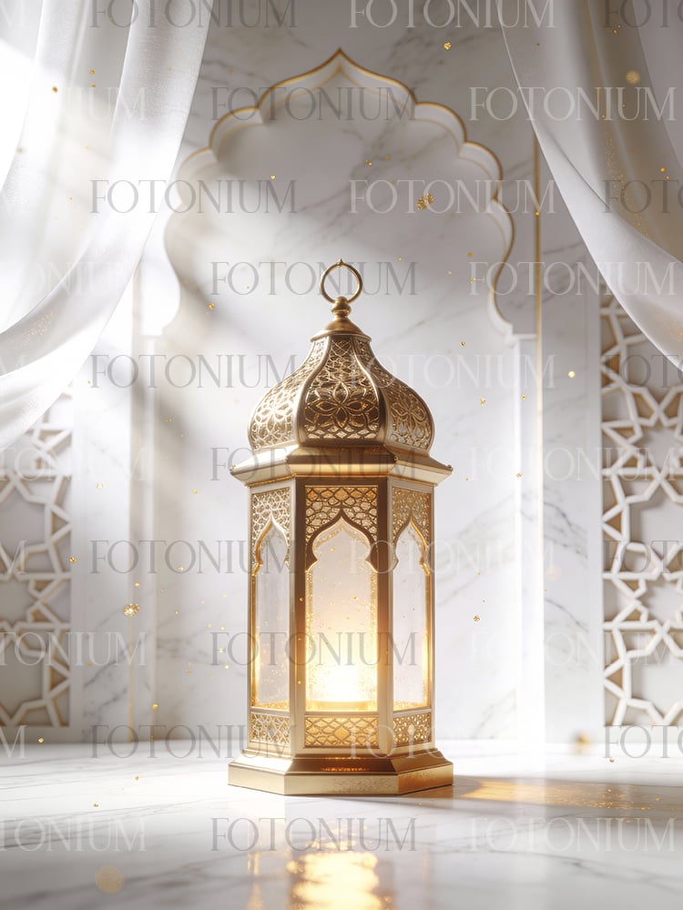Golden Islamic Fanoos Lantern in Elegant Marble Interior – Ramadan Kareem Concept - Set of 4 Images
