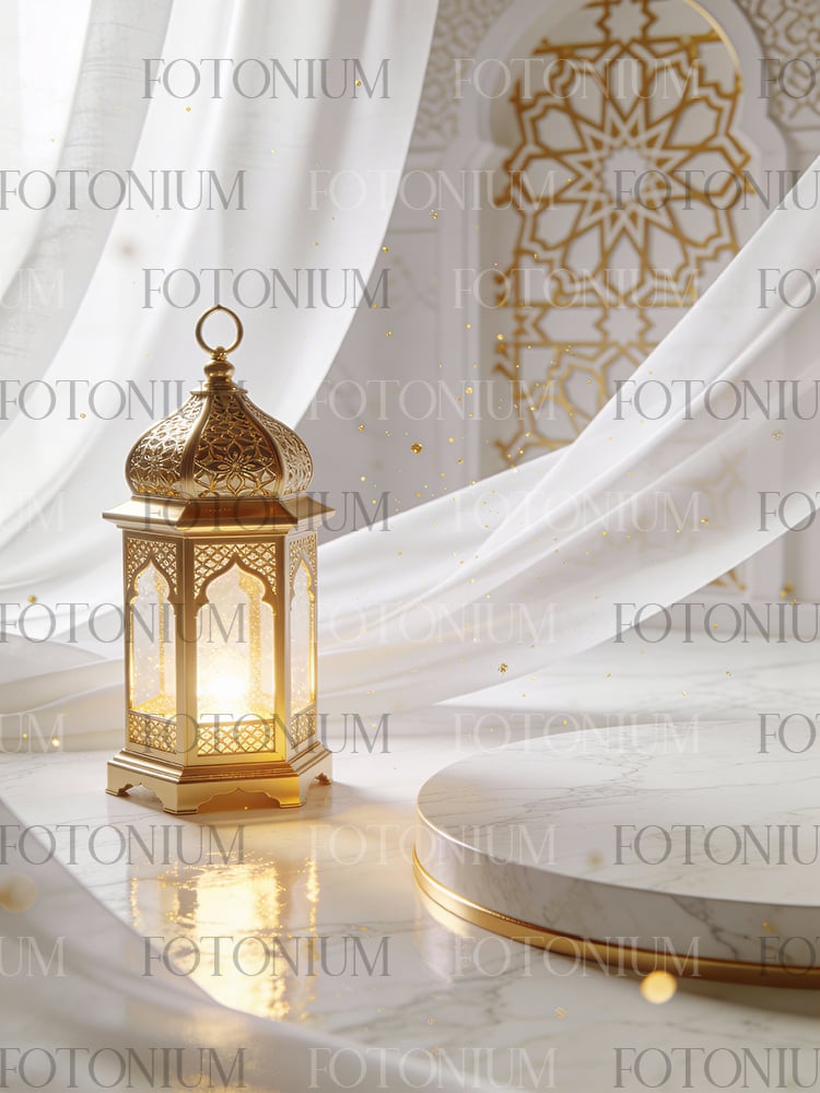 Golden Islamic Fanoos Lantern in Elegant Marble Interior – Ramadan Kareem Concept - Download Now