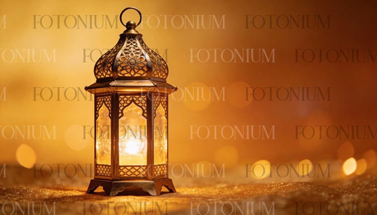 Glowing Golden Arabic Lantern on Gold Glitter Surface – Ramadan Kareem Background - Free Download