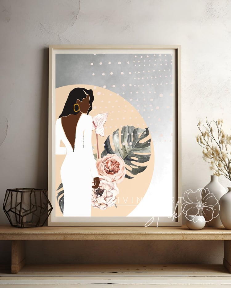 This high-quality digital illustration features a contemporary, minimalist aesthetic. It depicts the silhouette of a woman with dark skin and long hair, wearing a sophisticated, backless white dress and a bold gold hoop earring. The composition is layered
