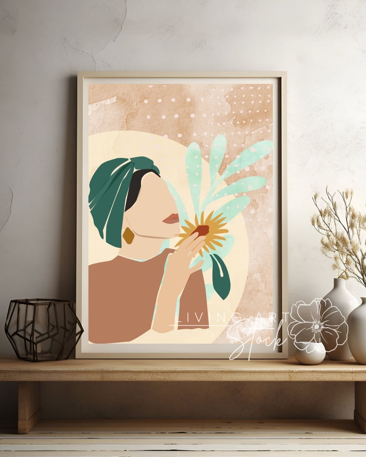 This contemporary digital illustration showcases a minimalist, faceless portrait of a woman in profile, delicately holding and smelling a stylized yellow sunflower. She is wearing a prominent teal green headwrap and a large geometric gold earring, set aga
