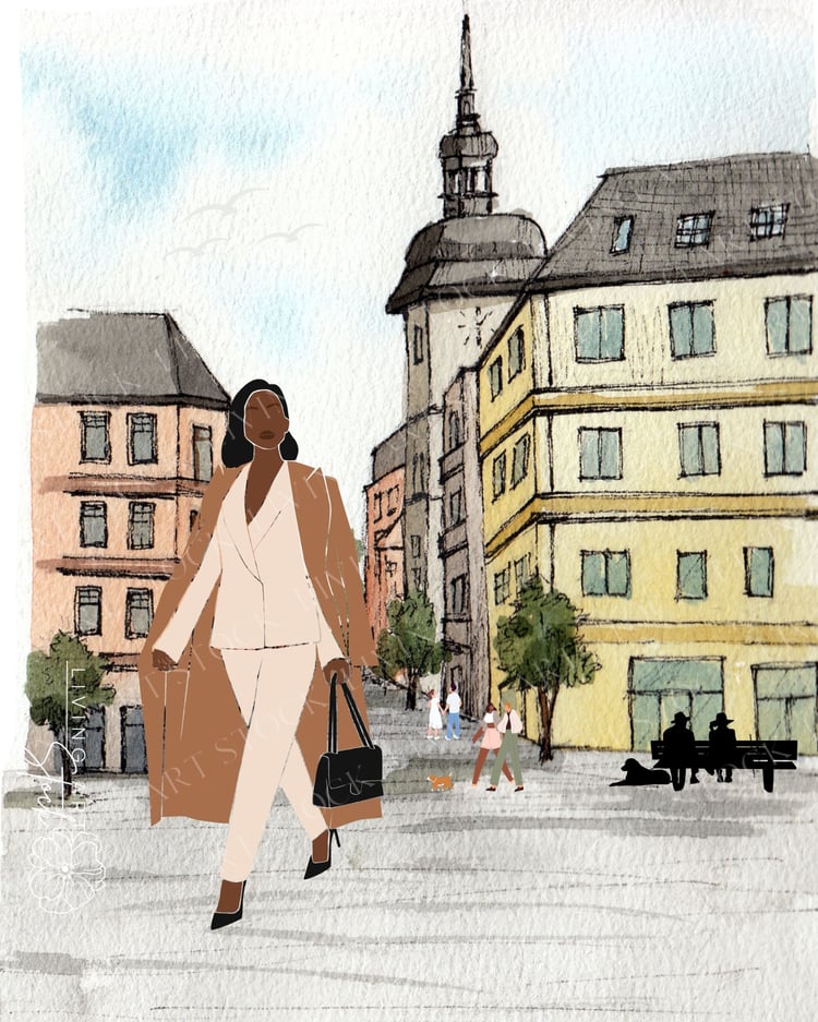This artistic watercolor and ink illustration features a fashionable Black woman confidently walking through a historic city square. She is dressed in a sophisticated cream-colored power suit layered under a classic camel trench coat, carrying a structure