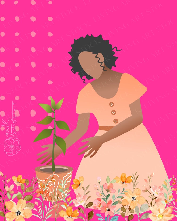This cheerful digital illustration features a faceless Black woman with natural curly hair, wearing a soft peach-colored button-down dress. She is depicted leaning over a small green plant in a terracotta pot decorated with white patterns, symbolizing gro