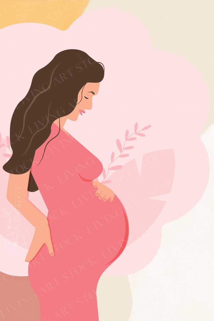 This heartwarming digital illustration features a faceless pregnant woman with long, flowing brown hair, shown in profile. She wears a form-fitting, vibrant pink maternity dress and is depicted in a nurturing pose, with one hand gently cradling her baby b