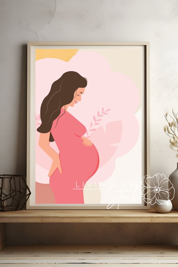 This heartwarming digital illustration features a faceless pregnant woman with long, flowing brown hair, shown in profile. She wears a form-fitting, vibrant pink maternity dress and is depicted in a nurturing pose, with one hand gently cradling her baby b